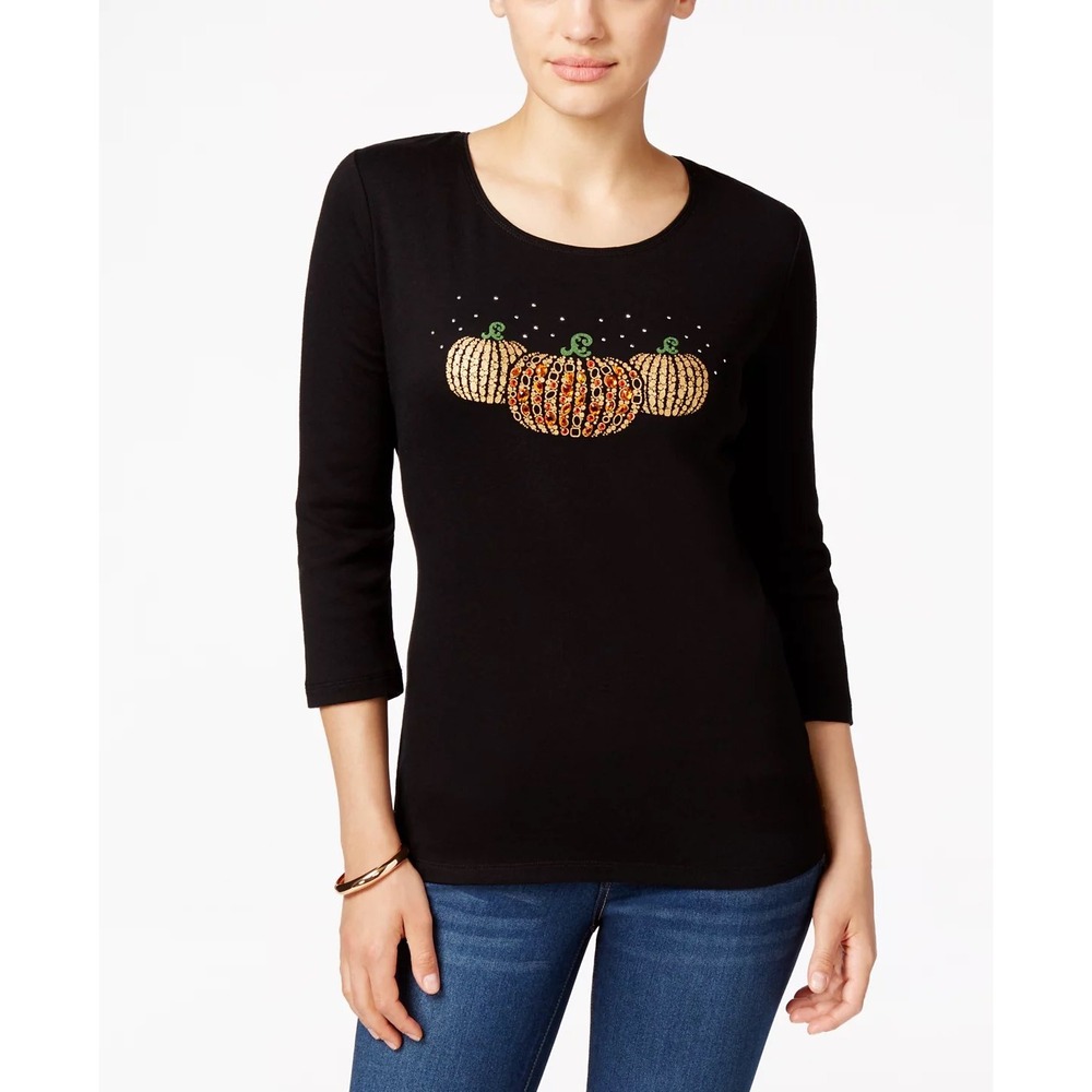 Karen Scott Woman 3X Black Pumpkin Rhinestone Embellished 3/4 Sleeve Top